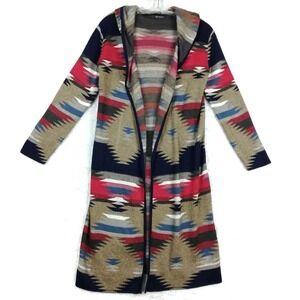 Mambo Womens Cardigan‎ Duster Sweater Aztec Print Hooded Maxi Open Front M